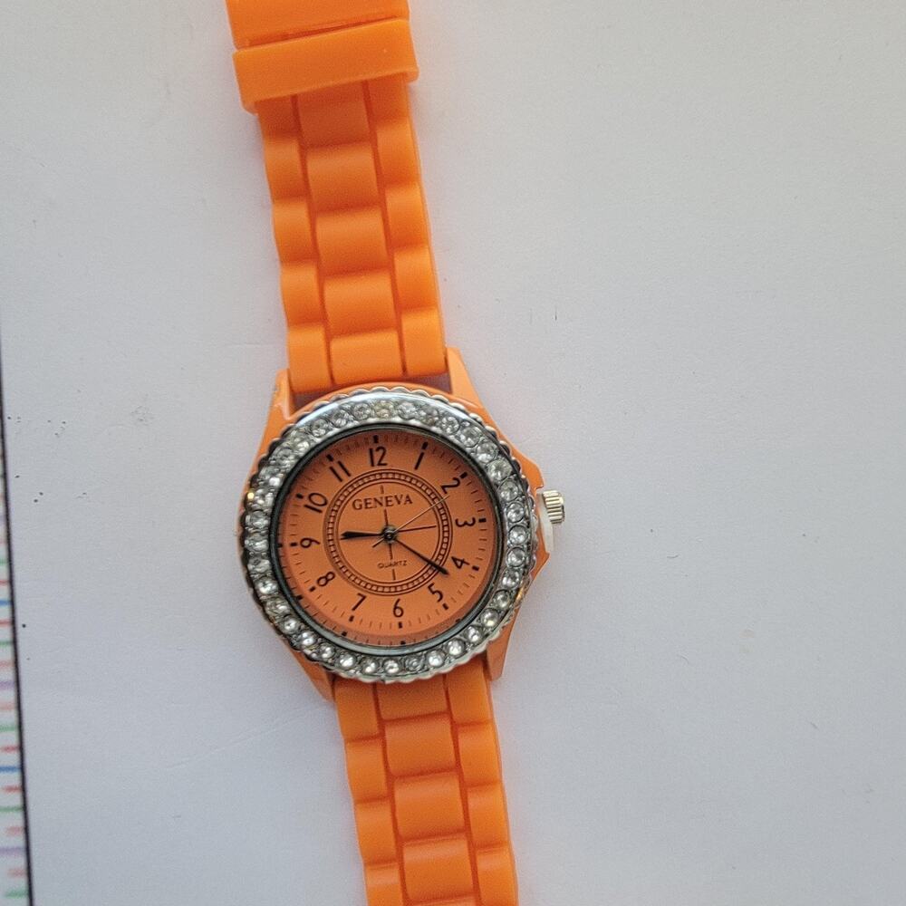 Geneva Womens Watch Orange Dial Orange Case Silicone Strap Gemmed Quartz